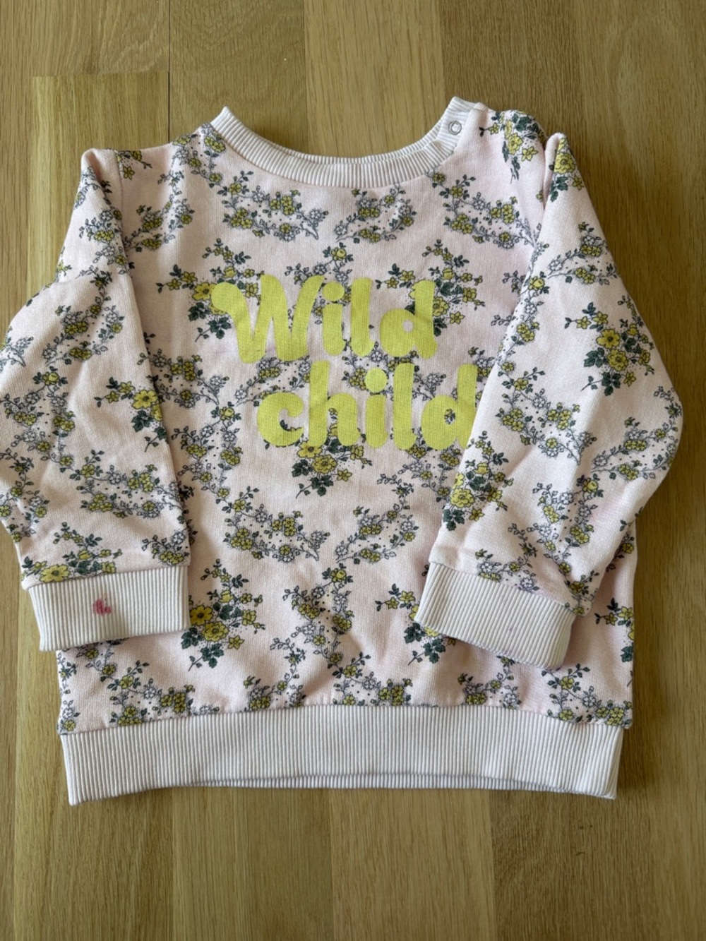 Bonton Pink Floral Sweatshirt with Yellow "Wild Child" Graphic